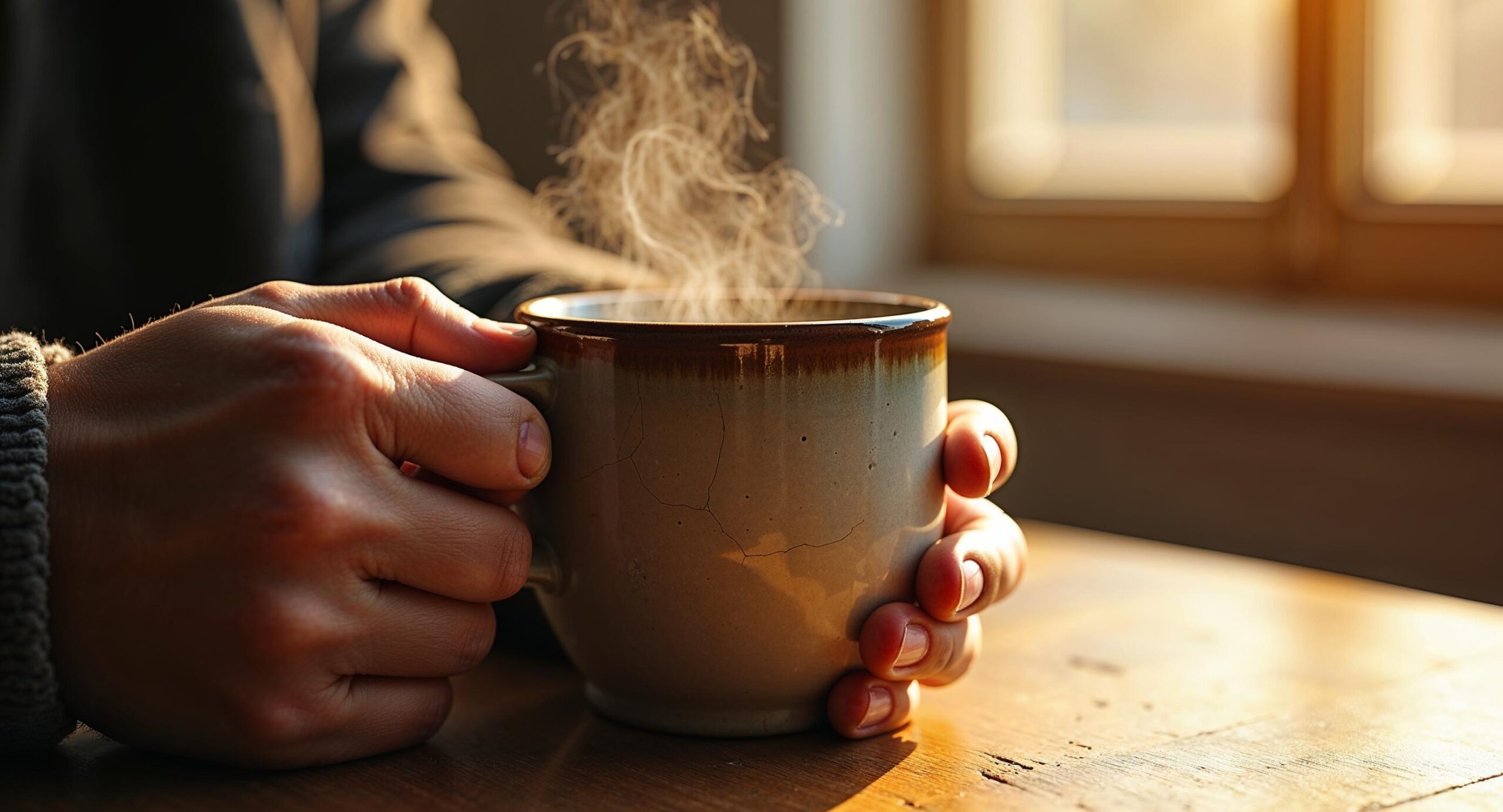 Weathered hands holding an ordinary ceramic mug in soft morning window light, steam rising, shallow depth of field revealing extraordinary beauty in an everyday object