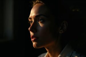 Vrouw verlicht door chiaroscuro raambelichting met dramatisch licht-schaduwcontrast op haar gezicht