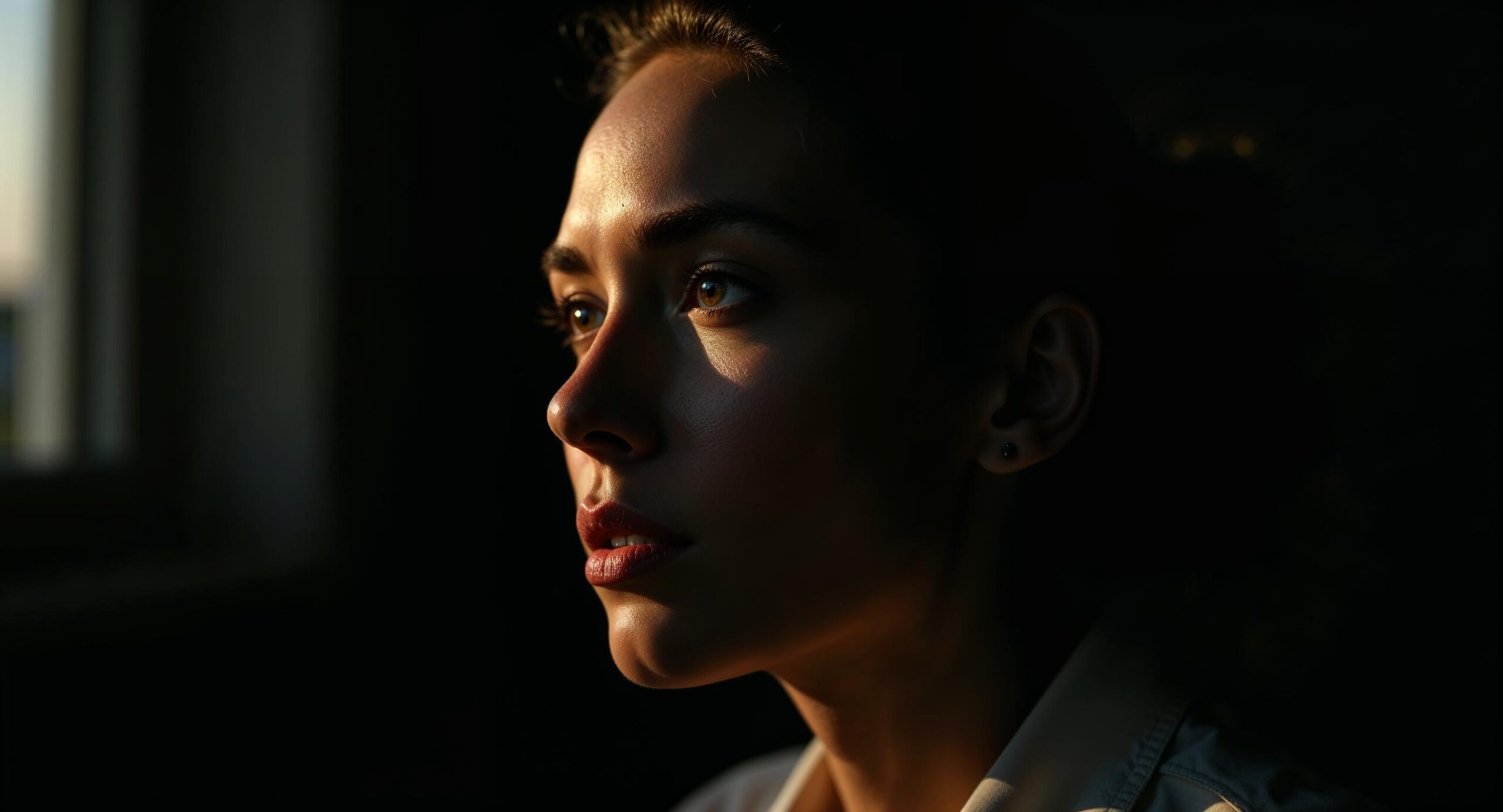 Vrouw verlicht door chiaroscuro raambelichting met dramatisch licht-schaduwcontrast op haar gezicht