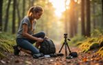 Jonge vrouwelijke fotograaf die haar cameratas inpakt op een bospad, omringd door fotoaccesoires zoals statief, reinigingsset en batterijen op een mos bedekte rots