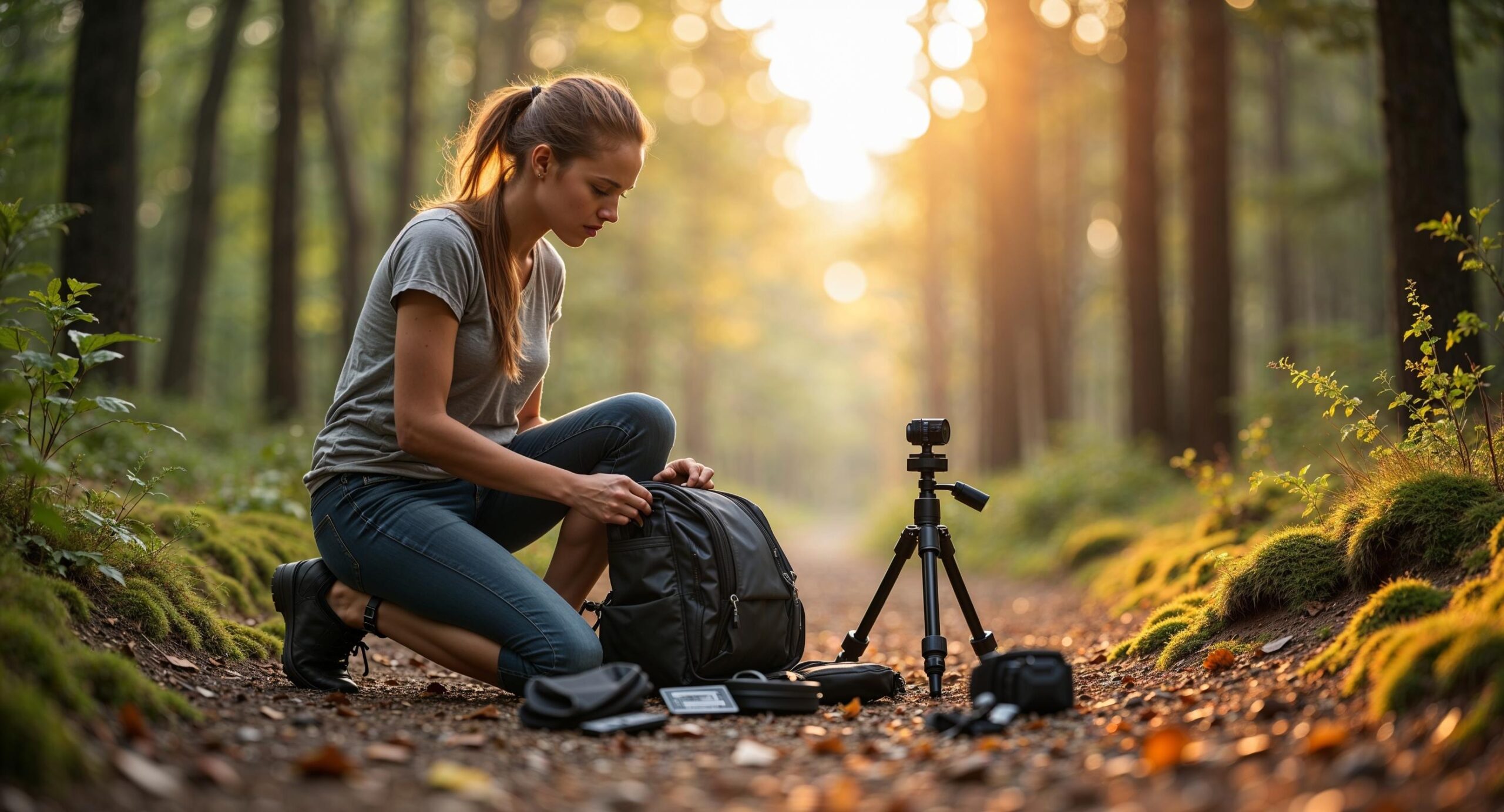 Jonge vrouwelijke fotograaf die haar cameratas inpakt op een bospad, omringd door fotoaccesoires zoals statief, reinigingsset en batterijen op een mos bedekte rots