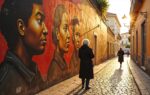 Een straatfotograaf observeert geduldig een grote muurschildering met expressieve gezichten in Lissabon terwijl een vrouw voorbijloopt wier silhouet een van de geschilderde figuren weerspiegelt