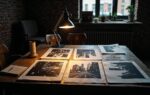 Zwart-witfoto's met dramatisch contrast en grafische vormen uitgespreid op een houten tafel in een stedelijke loft met warm bureaulampicht