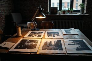 Zwart-witfoto's met dramatisch contrast en grafische vormen uitgespreid op een houten tafel in een stedelijke loft met warm bureaulampicht