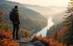 Wandelaar kijkt uit over een mistige herfstvallei in de Ardennen tijdens het ochtendlicht