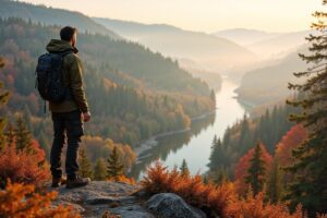 Wandelaar kijkt uit over een mistige herfstvallei in de Ardennen tijdens het ochtendlicht