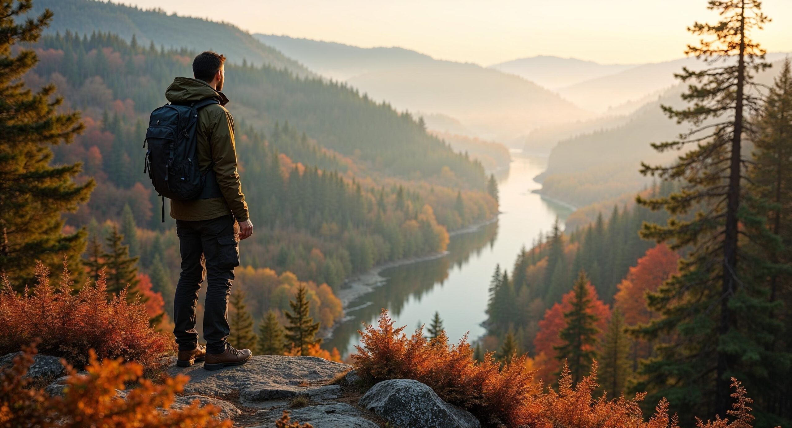 Wandelaar kijkt uit over een mistige herfstvallei in de Ardennen tijdens het ochtendlicht