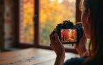Photographer reviewing vibrant autumn color photos on a Fujifilm camera screen showing deep tonal gradation in saturated reds and ambers