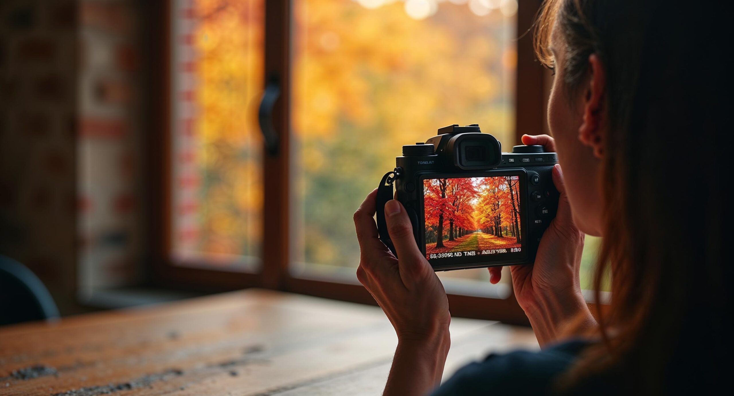 Photographer reviewing vibrant autumn color photos on a Fujifilm camera screen showing deep tonal gradation in saturated reds and ambers