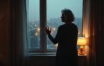 Vrouw staat alleen bij een regenachtig raam in een spaarzaam verlichte kamer, haar hand tegen het glas, omgeven door koele tinten en één warme lamp — een beeld van stille eenzaamheid en innerlijk gevoel
