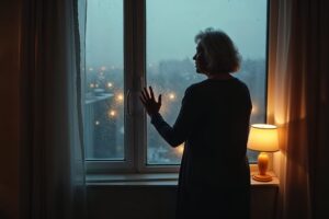 Vrouw staat alleen bij een regenachtig raam in een spaarzaam verlichte kamer, haar hand tegen het glas, omgeven door koele tinten en één warme lamp — een beeld van stille eenzaamheid en innerlijk gevoel
