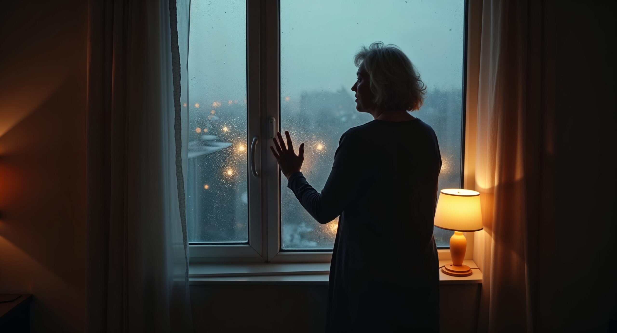 Vrouw staat alleen bij een regenachtig raam in een spaarzaam verlichte kamer, haar hand tegen het glas, omgeven door koele tinten en één warme lamp — een beeld van stille eenzaamheid en innerlijk gevoel