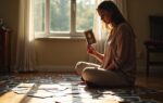 Vrouw houdt een oude foto omhoog in zacht raamlicht, omringd door verspreide herinneringen op een houten vloer