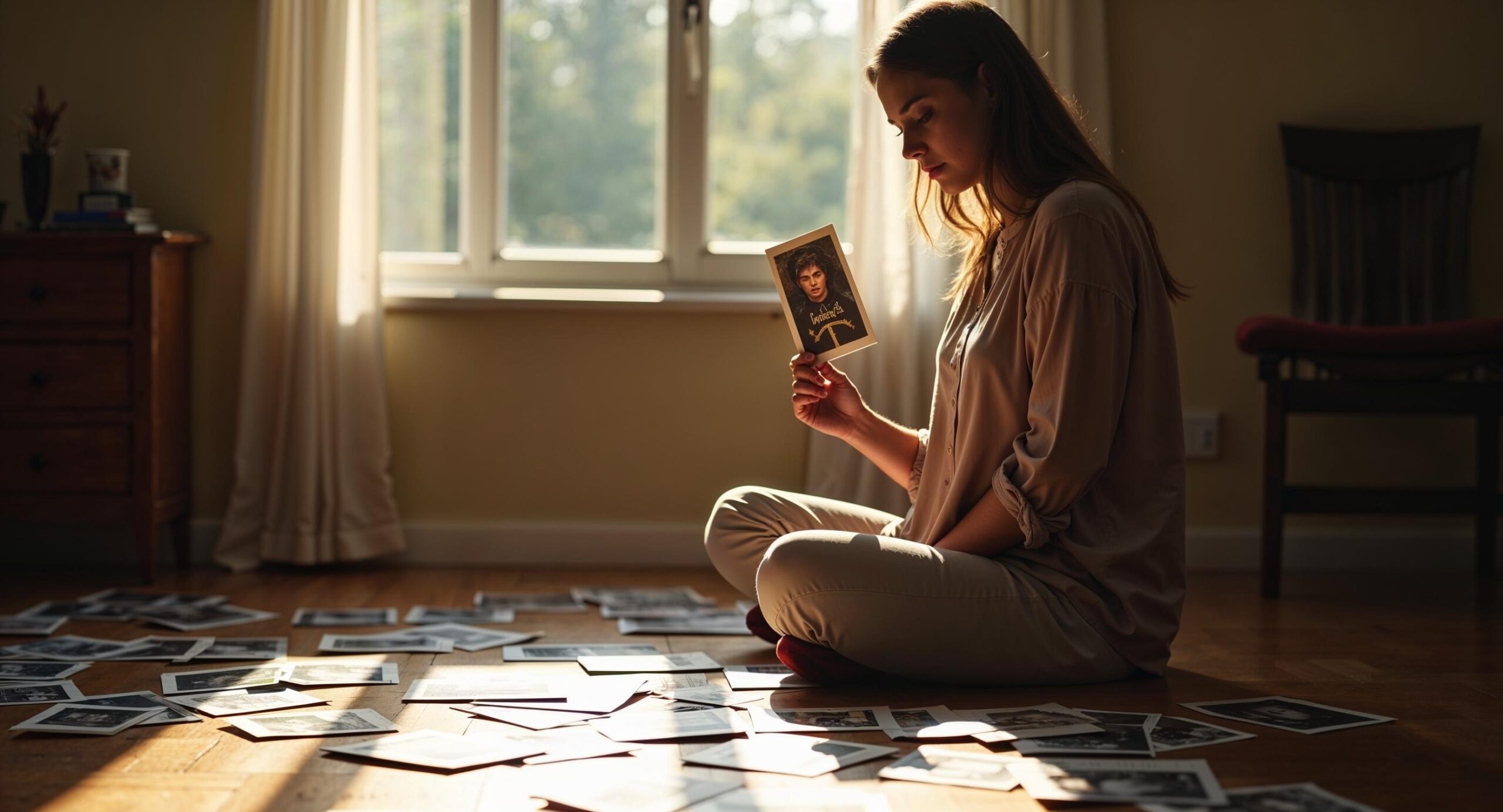 Vrouw houdt een oude foto omhoog in zacht raamlicht, omringd door verspreide herinneringen op een houten vloer