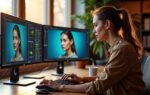 Fotografe vergelijkt portretbewerkingen op twee monitoren in een warm verlicht studio-atelier