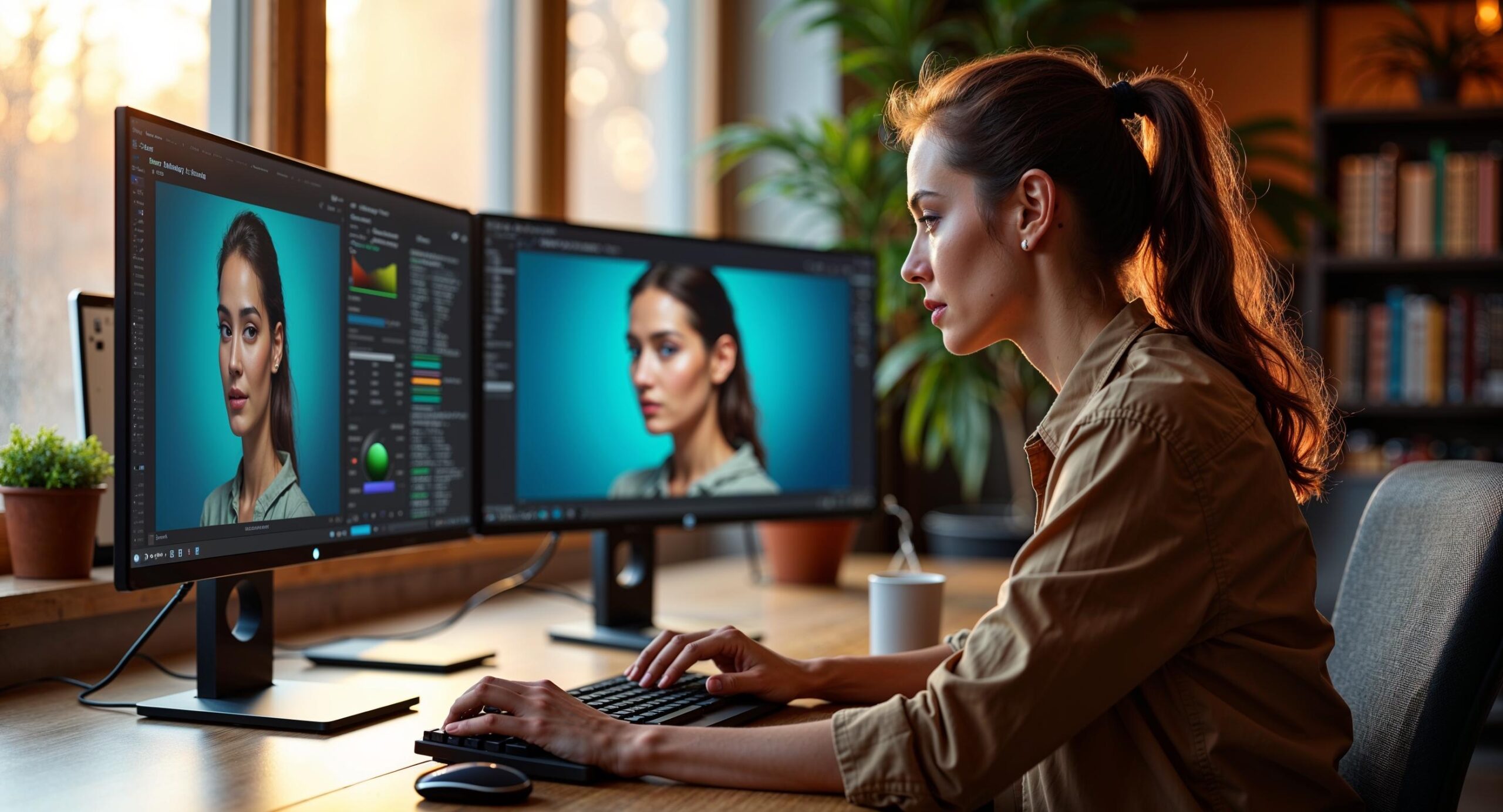 Fotografe vergelijkt portretbewerkingen op twee monitoren in een warm verlicht studio-atelier