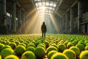 Verlaten fabriekshal in Wallonië met duizenden neon gele tennisballen op de vloer en een vrouw die in het tegenlicht staat