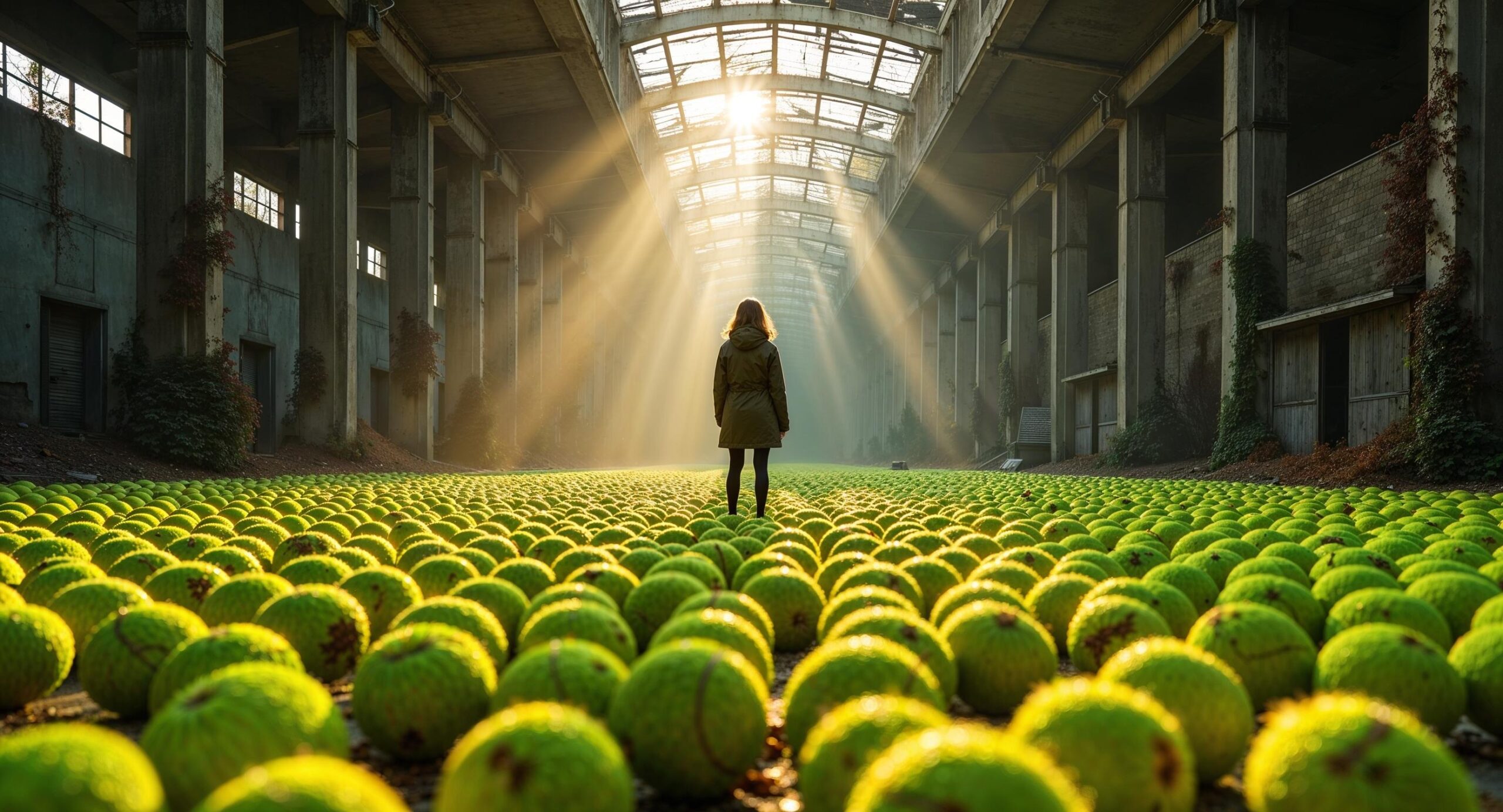 Verlaten fabriekshal in Wallonië met duizenden neon gele tennisballen op de vloer en een vrouw die in het tegenlicht staat