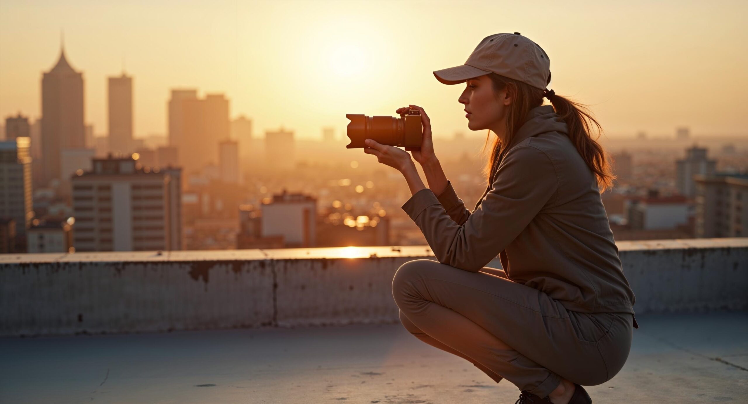 Fotografe test autofocus van haar mirrorless camera op een zonnig stadsrooftop terwijl ze op verre gebouwen richt