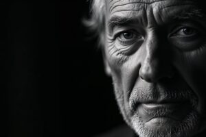 Dramatisch zwart-wit portret van een oudere man met diepe rimpels en expressieve ogen, verlicht met harde zijdelingse belichting die gezichtsstructuur benadrukt