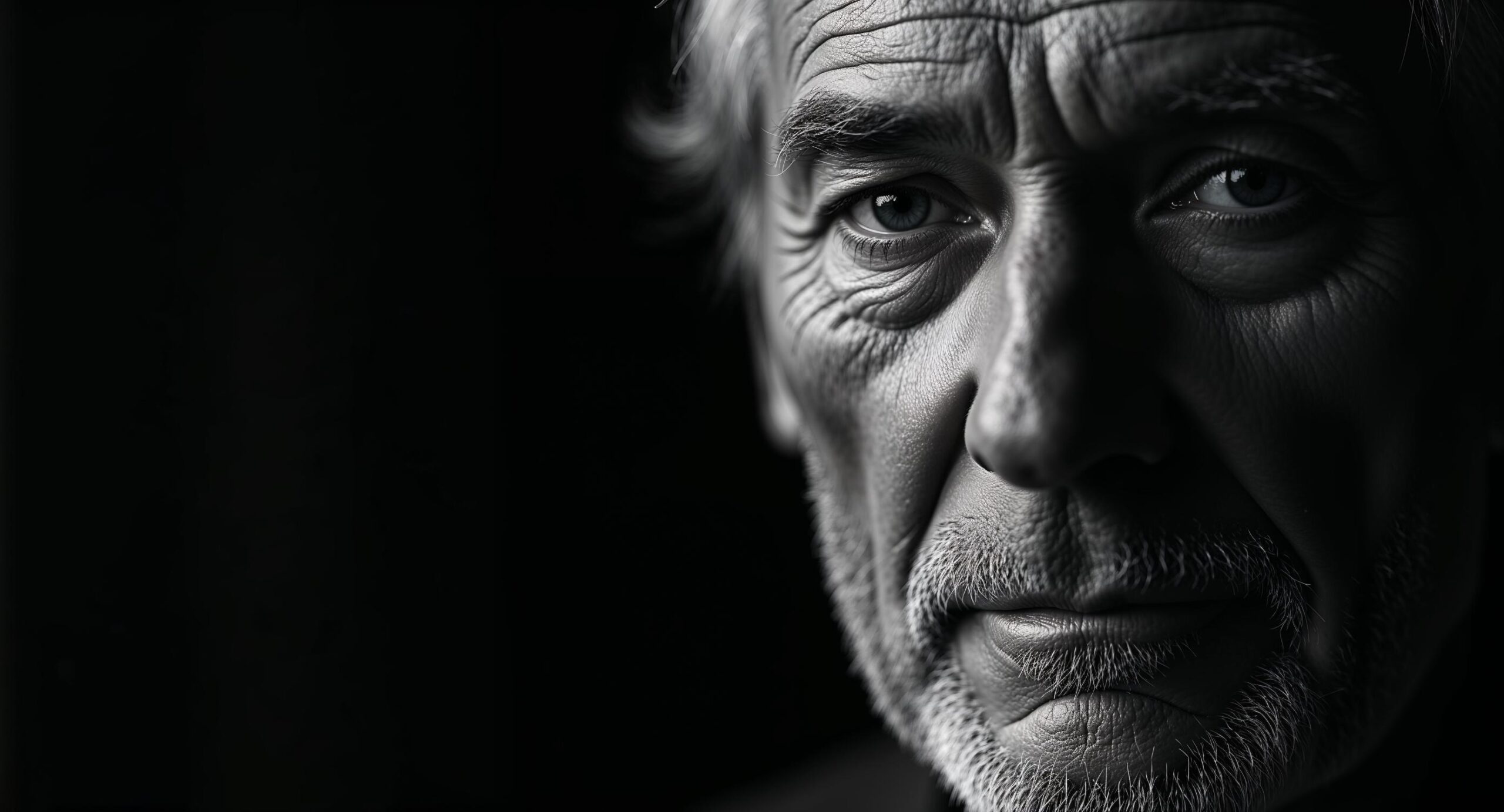 Dramatisch zwart-wit portret van een oudere man met diepe rimpels en expressieve ogen, verlicht met harde zijdelingse belichting die gezichtsstructuur benadrukt