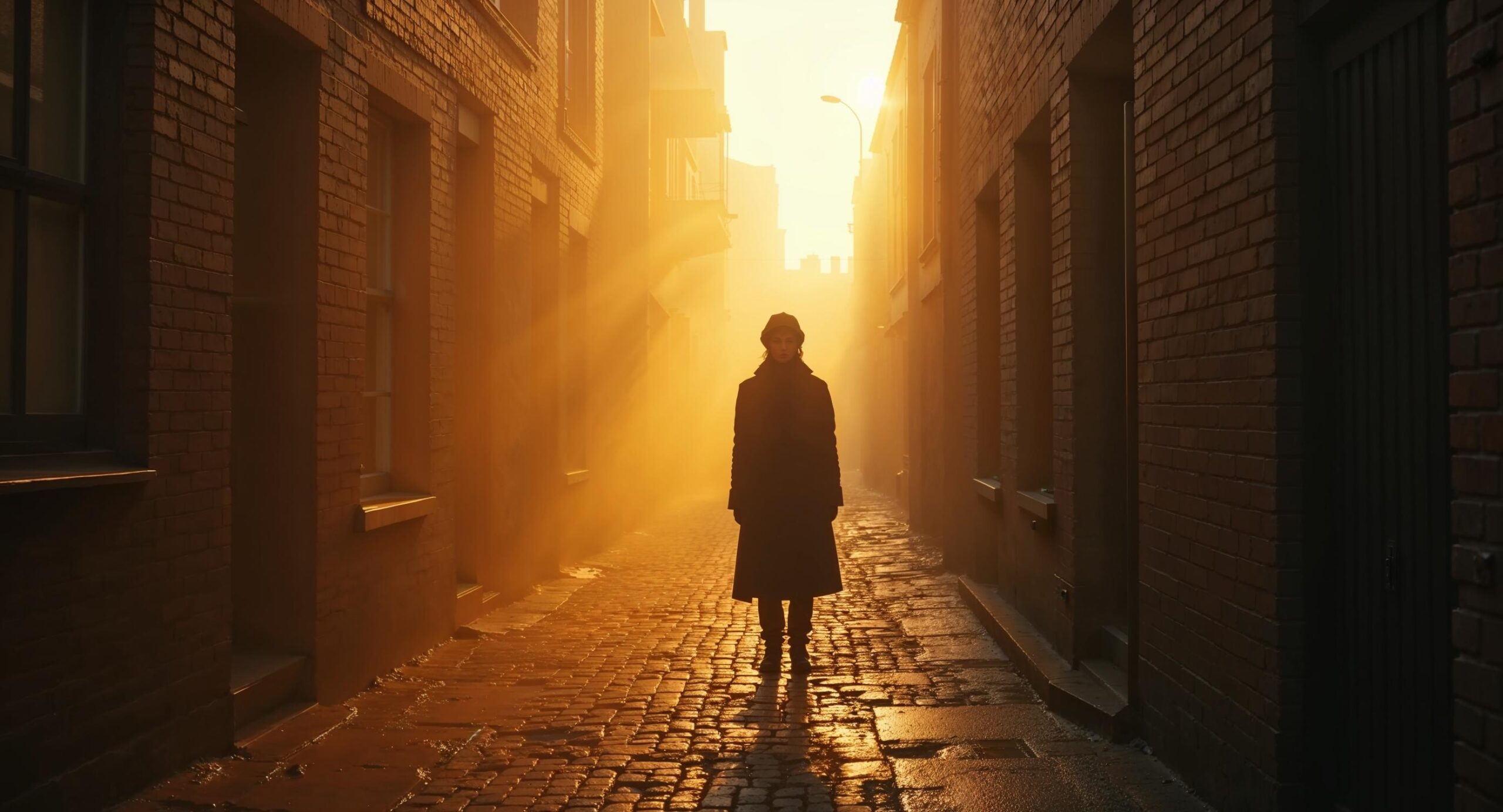 Cinematic portret van een figuur in een mistige steeg met dramatisch zijlicht en diepe schaduwlagen die filmische diepte creëren via licht in plaats van scherptediepte