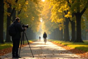 Fotograaf met telelens op grote afstand schiet een fietser op een laan waarbij perspectiefsamendrukking de bomen visueel samendrukt tot een plat decor