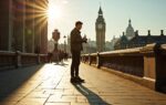 Fotograaf fotografeert op de London Bridge bij felle middagzon met harde schaduwen op de stoep