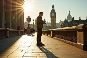Fotograaf fotografeert op de London Bridge bij felle middagzon met harde schaduwen op de stoep