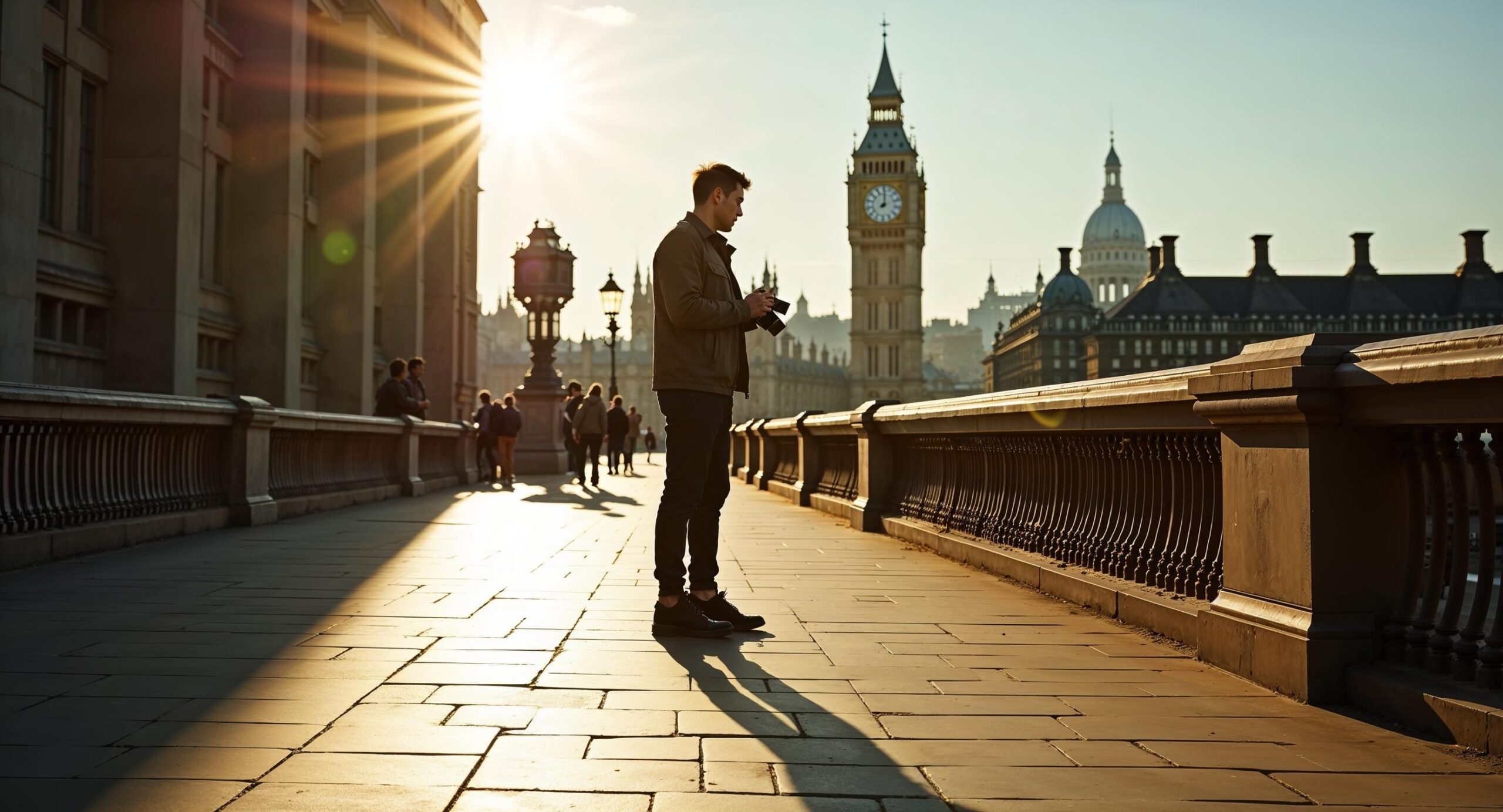 Fotograaf fotografeert op de London Bridge bij felle middagzon met harde schaduwen op de stoep