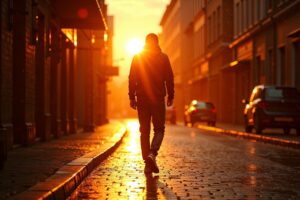 Persoon als silhouet op natte straatkeien bij gouden uur met dramatische rimlight en zachte lens flare vanachter een gebouw