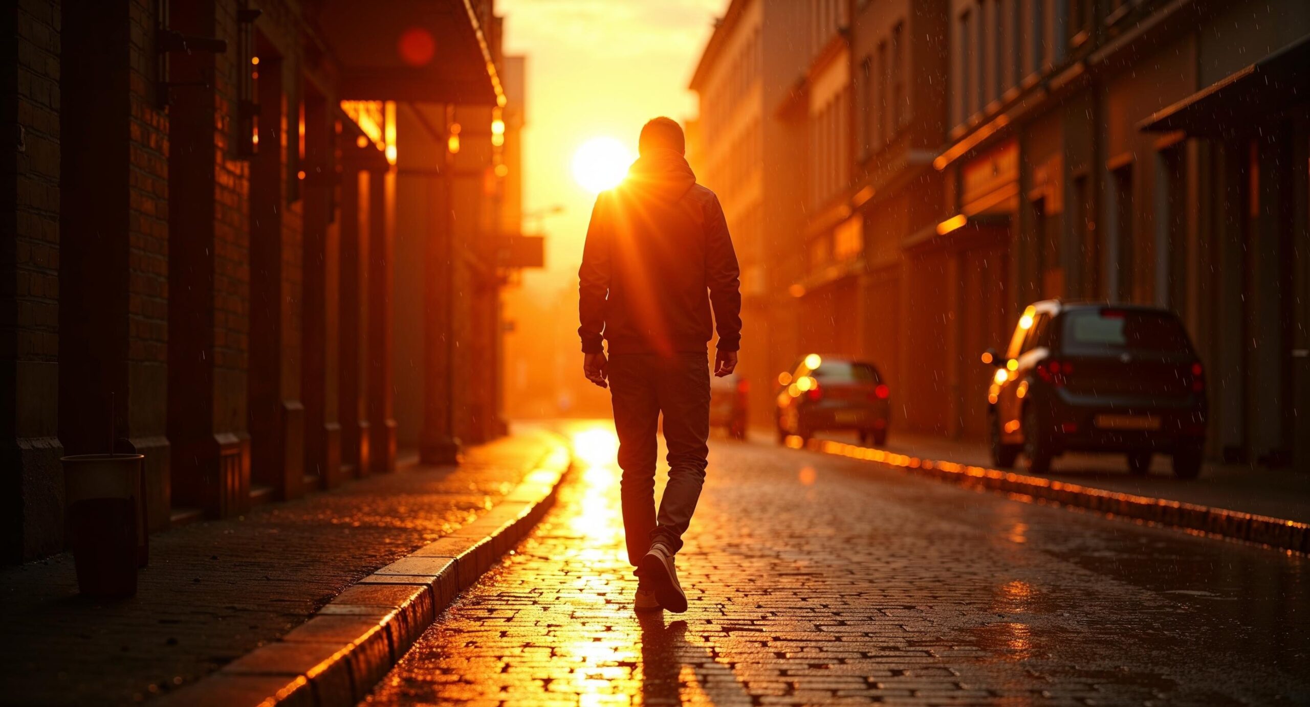 Persoon als silhouet op natte straatkeien bij gouden uur met dramatische rimlight en zachte lens flare vanachter een gebouw