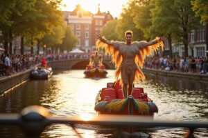 Performer op een versierde boot tijdens de Amsterdam Pride Canal Parade, gefotografeerd met tegenlicht en bokeh van de Amsterdamse grachtenpanden op de achtergrond