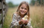 Jong meisje houdt voorzichtig een kuiken vast buiten met een zachte onscherpe achtergrond en natuurlijk daglicht