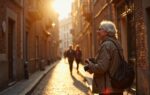 Straatfotograaf observeert met open houding een authentiek moment tussen twee mensen in een Europese steeg tijdens gouden uur