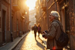 Straatfotograaf observeert met open houding een authentiek moment tussen twee mensen in een Europese steeg tijdens gouden uur
