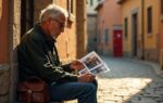 Fotograaf zit op stenen trappen in een Europees steegje tijdens gouden uur en bestudeert afgedrukte foto's op zijn schoot in warm amber licht