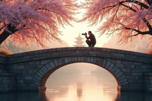 Fotograaf knielt op een stenen brug en schiet door een frame van kersenbloesemtakken richting een verre pagode weerspiegeld in het water, een voorbeeld van visuele patronen en framing in fotografie.