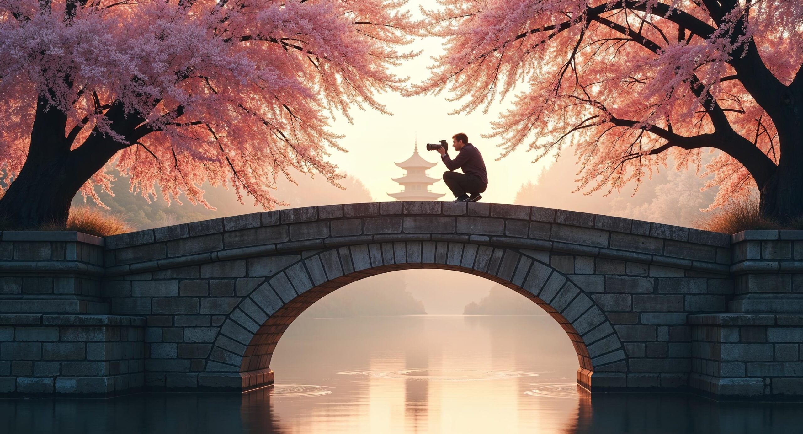 Fotograaf knielt op een stenen brug en schiet door een frame van kersenbloesemtakken richting een verre pagode weerspiegeld in het water, een voorbeeld van visuele patronen en framing in fotografie.
