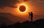 Fotograaf op rotsachtige heuvel in de Pyreneeën fotografeert een gedeeltelijke zonsverduistering met statief en telelens, terwijl een onwerkelijk amberkleurig licht over het landschap valt