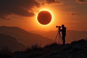 Fotograaf op rotsachtige heuvel in de Pyreneeën fotografeert een gedeeltelijke zonsverduistering met statief en telelens, terwijl een onwerkelijk amberkleurig licht over het landschap valt