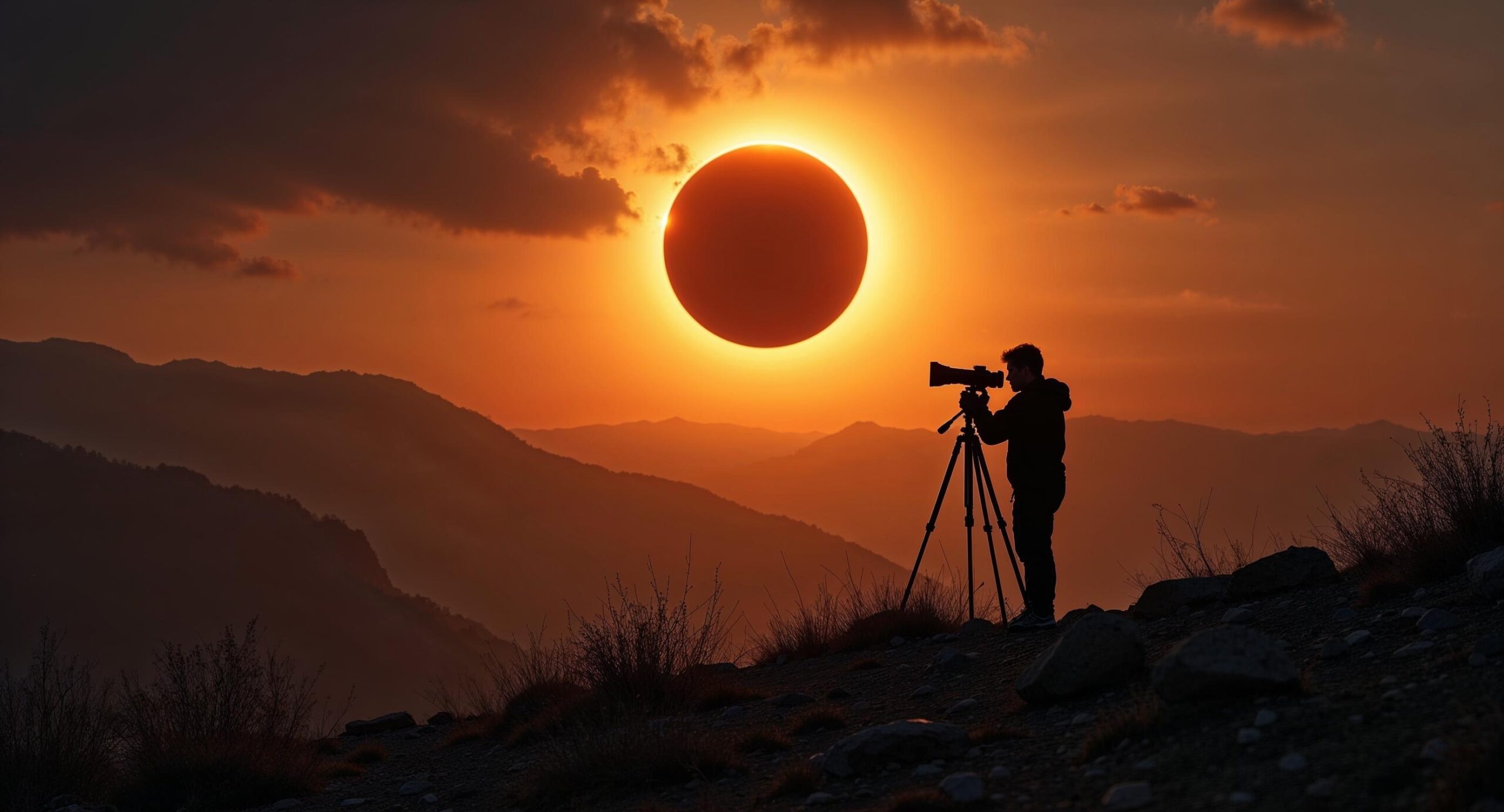Fotograaf op rotsachtige heuvel in de Pyreneeën fotografeert een gedeeltelijke zonsverduistering met statief en telelens, terwijl een onwerkelijk amberkleurig licht over het landschap valt