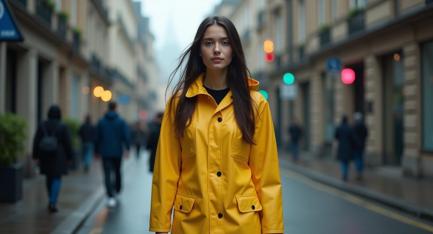 vrouw in een regenachtige straat met een felgele regenjas
