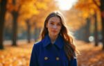 Vrouw in kobaltblauwe jas omringd door warme oranje herfstbladeren als visueel voorbeeld van complementaire kleurharmonie in fotografie
