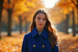 Vrouw in kobaltblauwe jas omringd door warme oranje herfstbladeren als visueel voorbeeld van complementaire kleurharmonie in fotografie