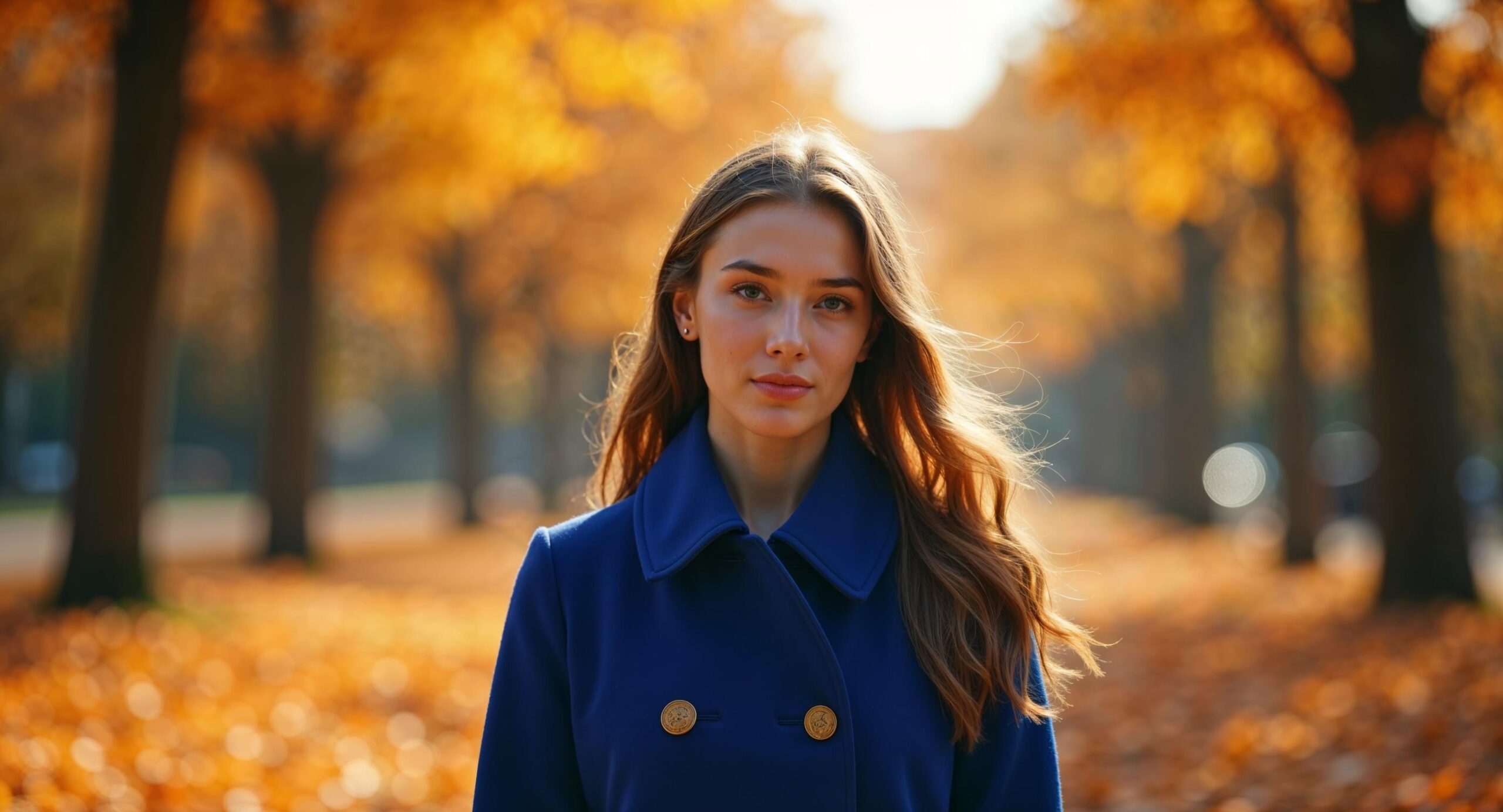 Vrouw in kobaltblauwe jas omringd door warme oranje herfstbladeren als visueel voorbeeld van complementaire kleurharmonie in fotografie