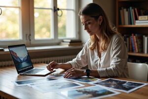 Een fotografe beoordeelt haar portfolio van reisfoto's aan een houten bureau in een licht thuisstudio, met een laptop waarop een stockfotografieplatform zichtbaar is