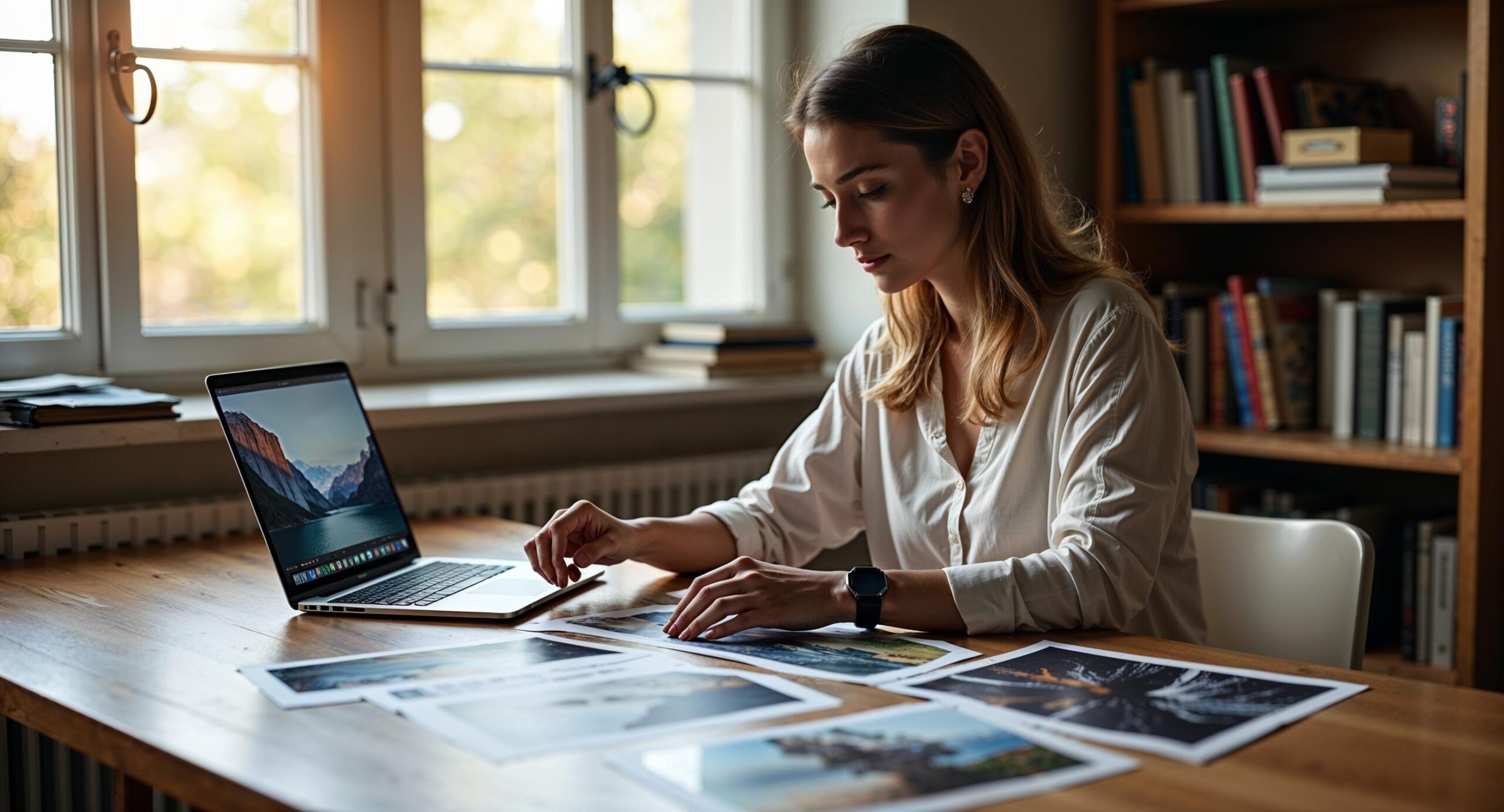 Een fotografe beoordeelt haar portfolio van reisfoto's aan een houten bureau in een licht thuisstudio, met een laptop waarop een stockfotografieplatform zichtbaar is