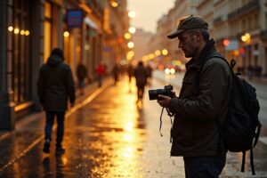 Straatfotograaf staat stil op een regenachtige Europese stoep bij schemering, camera losjes in de hand, volledig aanwezig in het moment