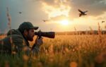 Fotograaf liggend in het gras bij gouden uurochtendlicht, gericht op vogels in vlucht met een lange telelens op een gimbal, scherpe dauwdruppels op grassprietjes op de voorgrond en zachte bokeh-achtergrond